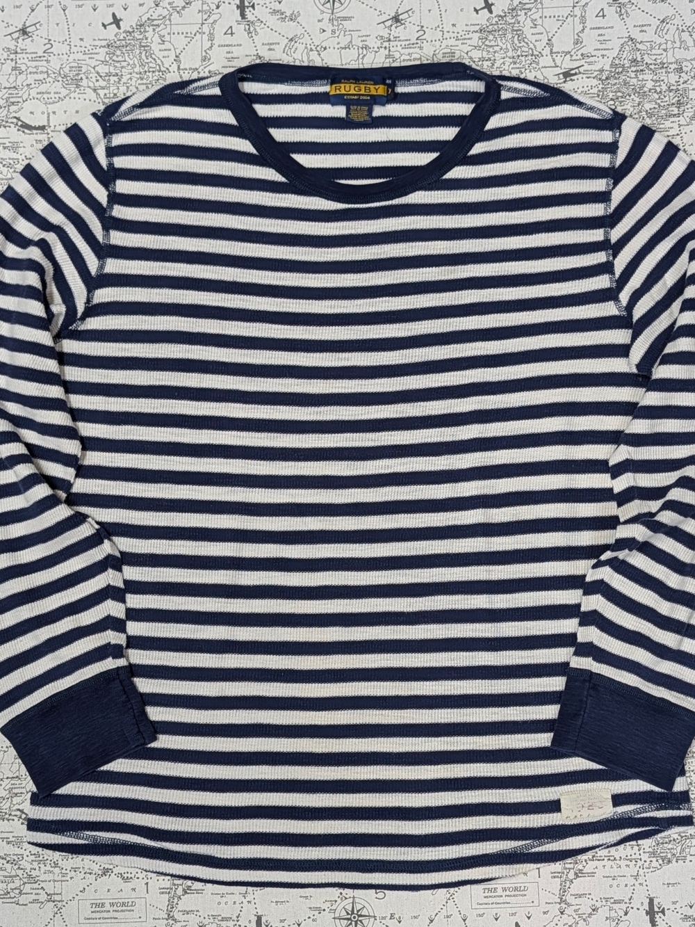 Ralph Lauren Rugby Striped Waffle Knit Thermal Long Sleeve Navy Blue Shirt XL